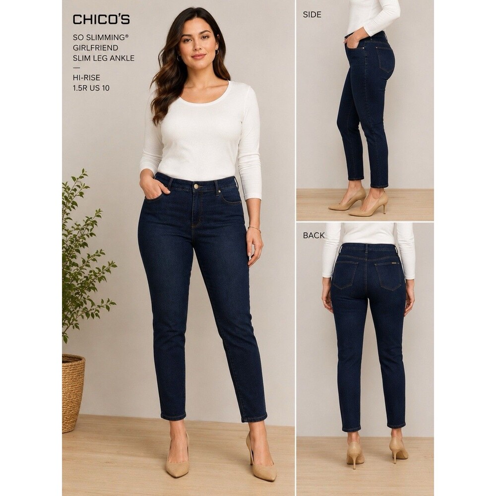 Chico's SO Slimming Girlfriend Slim Leg Ankle Women’s 1.5R US 10 Hi-Rise Jeans